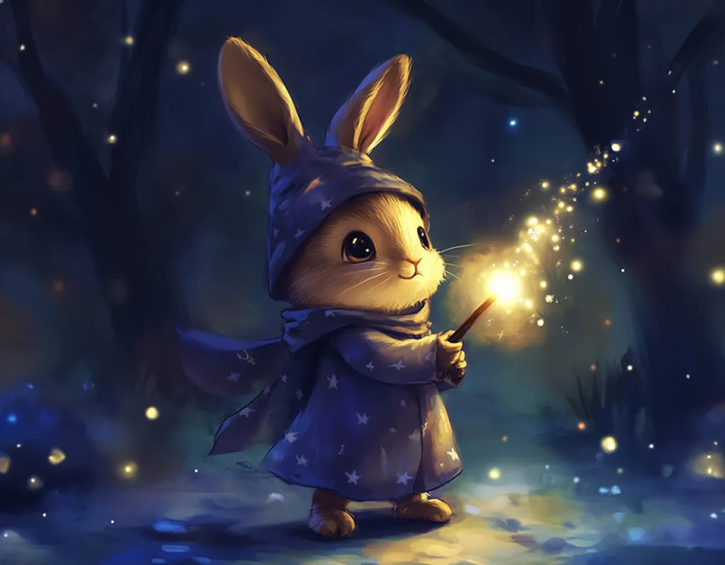 Illustration eines Magierhasen mit Cape und Leuchtzepter